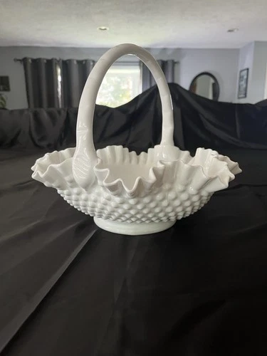 Vintage Fenton Glass Basket Hobnail White Milk Glass Large 10" T 11 1/2" W