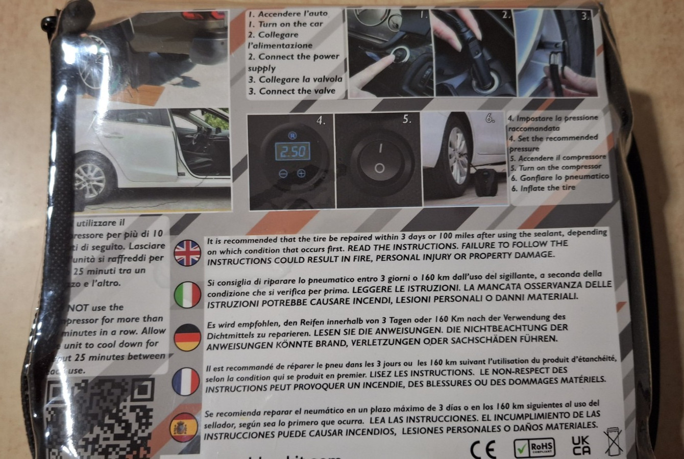GONFIA E RIPARA PNEUMATICI COMPRESSORE PORTATILE + LIQUIDO ORIGINALE foto 2