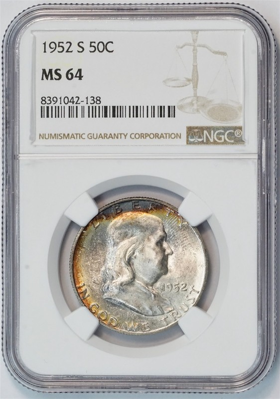 1952 S Franklin Silver Half Dollar MS 64 Crescent Rainbow Toning NGC 50C US COIN
