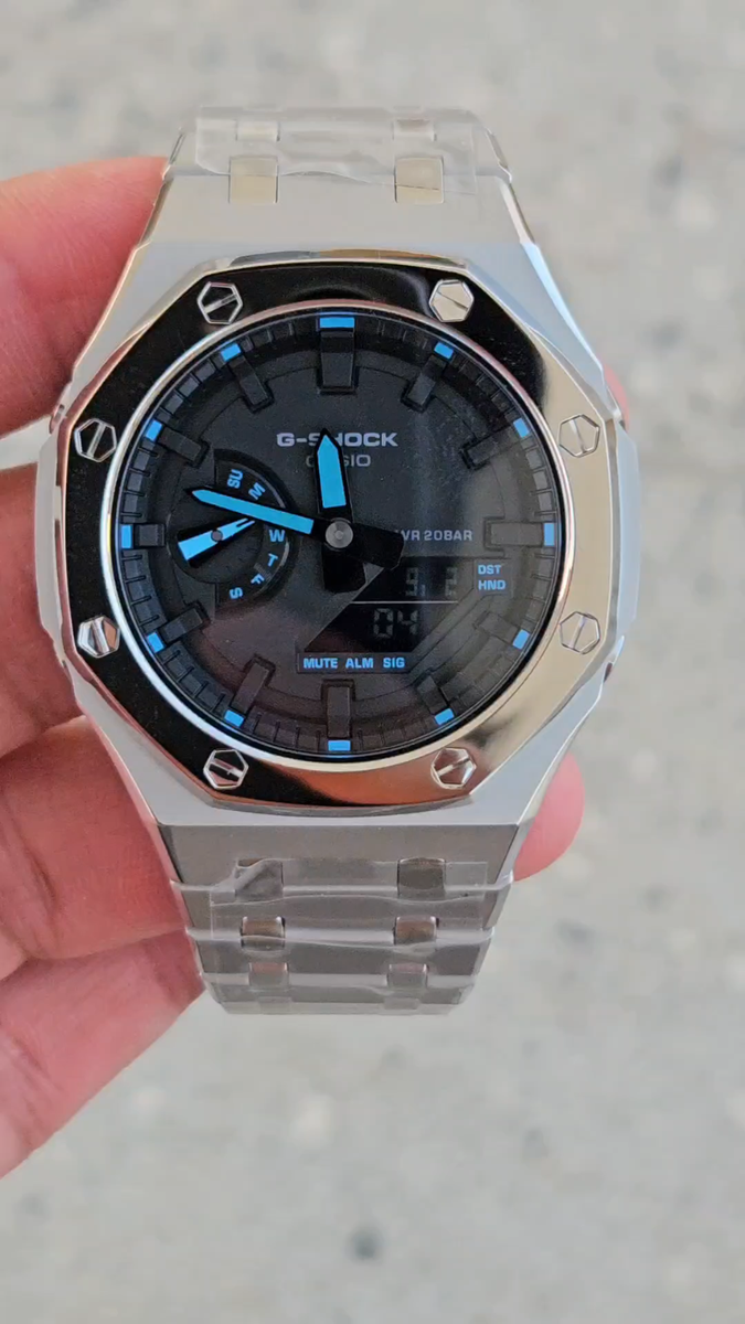 Casio G-Shock GA-2100 Mod Stainless Steel Silver Bracelet Black