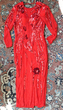 VintageNITE LINE Size 6 RED SILK Beaded  Sequin, FLOWER Maxi Gown Dress