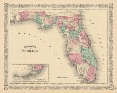 Johnsons Florida. Florida Keys. US State Map zeigt Grafschaften 1866 alt