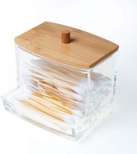 Acrylic Qtip Holder with Bamboo Lid, Clear Small Cotton Swab Dispenser, Plastic