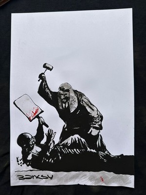 BANKSY drawing and painting on old paper signed stamped vintage