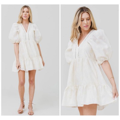 Hunter Bell Gaille Mini Dress Jacquard Ivory Flowers Puff Sleeve Bridal size XS