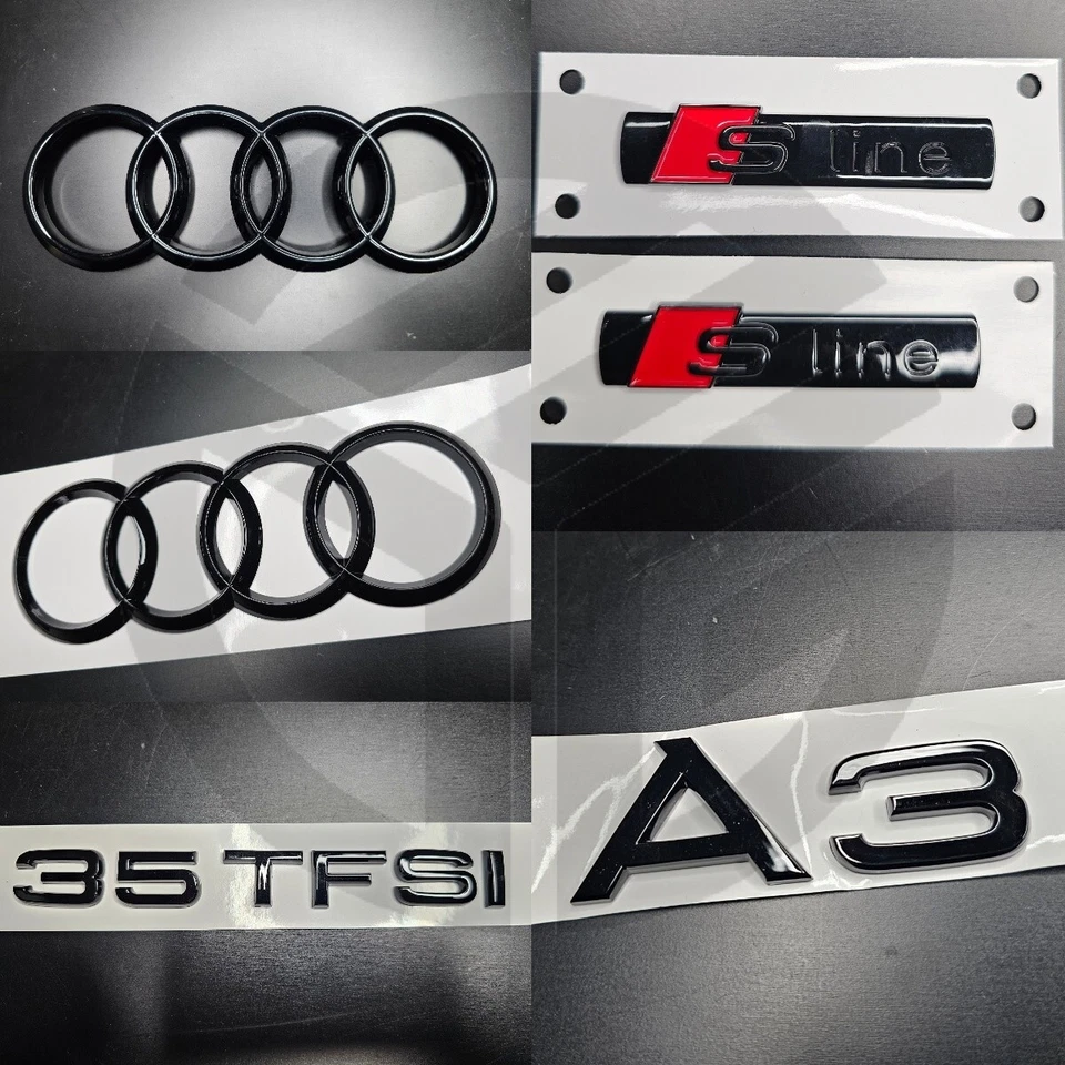 PREMIUM AFTERMARKET Audi A3 21-2024 Gloss Black Badges GRILLE/BOOT/FENDER SET/ 2 X S-Line/35 TFSI