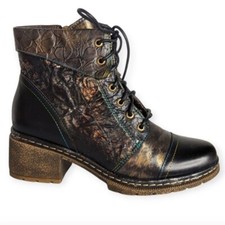 L'Artiste Spring Step Fallinluv Leather Lace-Up Boots Metallic Black 36 / 5.5-6