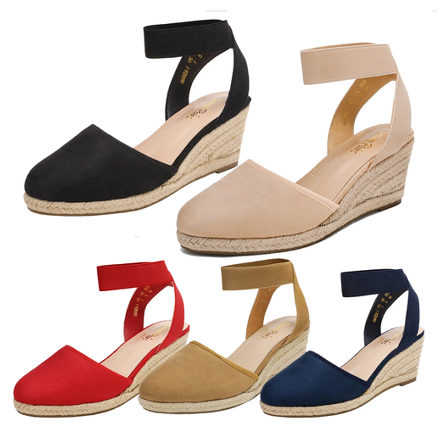 Women Espadrilles Wedge Sandals Elastic Ankle Strap Close Toe Dress Shoes