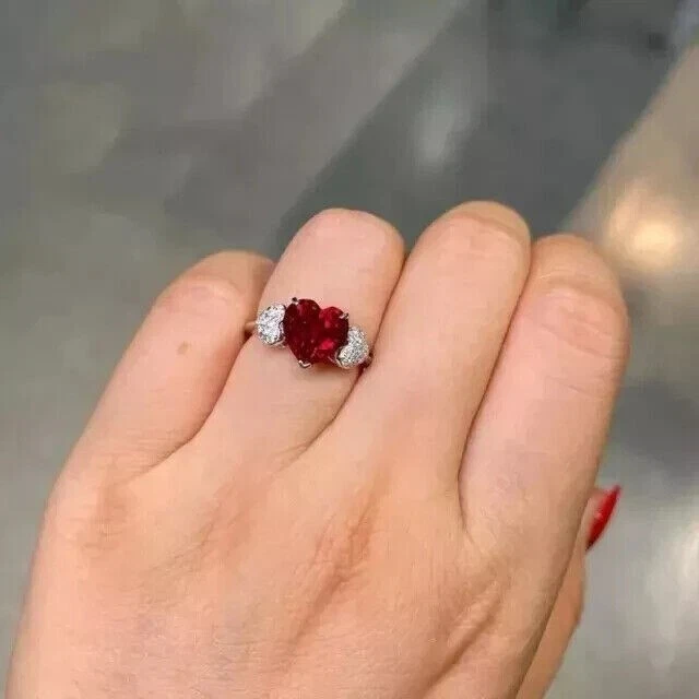2Ct Heart Cut Lab Created Red Ruby Diamond Wedding Ring 14k White Gold Plated - Image 3 of 3