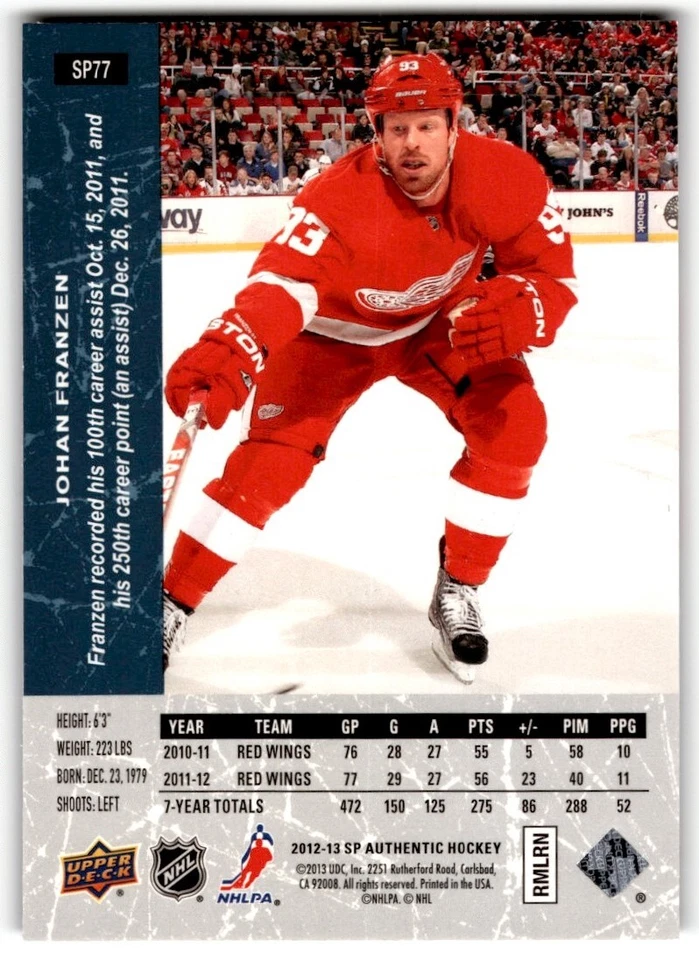 2012-13 SP Authentic 1994-95 Retro Johan Franzen #SP77 Detroit Red Wings - Image 2 of 2
