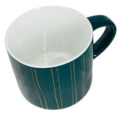 Coco And Lola Stackable Coffee Mug Forest Green Thin Vertical Gold Lines 14 oz