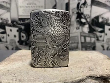 Zippo Lighter 2-side silver fish And Dragon Lighter