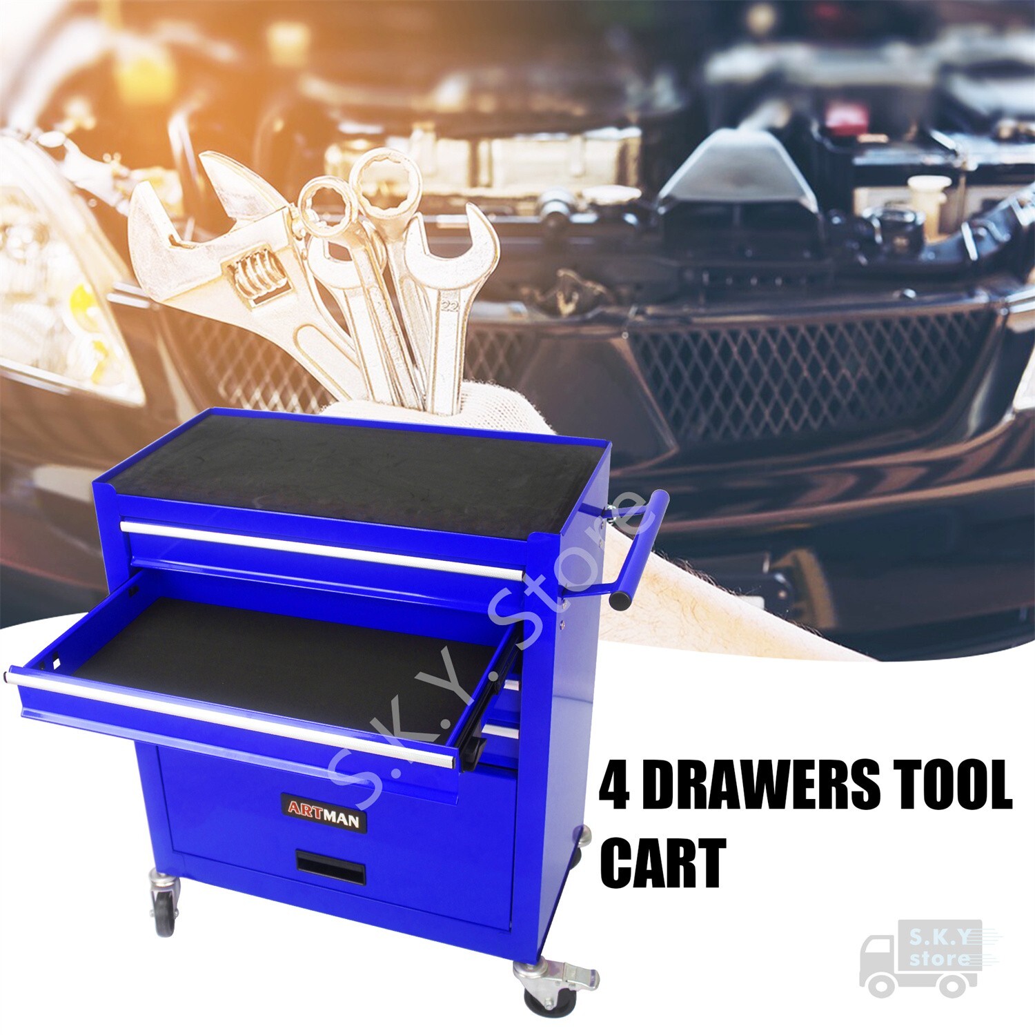Heavy-Duty Blue Steel Tool Cart with 4 Drawers & Wheels-image