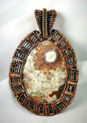 Crazy Lace Agate Copper Wire Wrap Pendant  Elegant Handcrafted !
