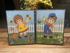 Vintage Raggedy Ann and Andy Wooden Art Prints 14 3/4 x 11 3/4 inches