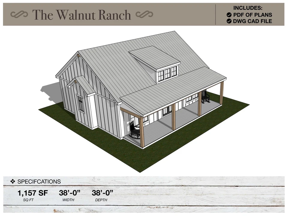 Casa de campo moderna de 1.157 pies cuadrados, 38'-0" x 38'-0", planos de casa, planos de planta Foto 4 de 4
