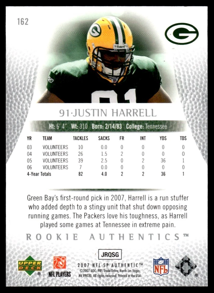 2007 SP Authentic Justin Harrell Rookie 566/999 Green Bay Packers #162 R86 - Image 2 of 2