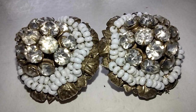 VTG Original Miriam Haskell Rhinestones with White Beads Clip On Earrings Signed