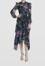 695 Badgley Mischka Women's Black Georgette Floral Tiered Ruffled Dress Size 16