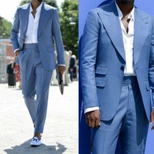 Blue Men Suits Wide Peak Lapel Formal Wedding Groom Tuxedo Pleated Pant Slim Fit