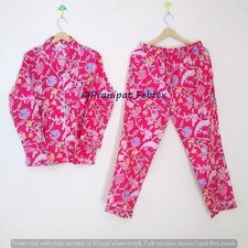 Indian Ethnic Women's Pink Sleepwear Floral Print Pure Cotton Top-Pajama set
