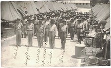 WW2 B W Photo of Troops in formation between Tents - Training Camp. Names