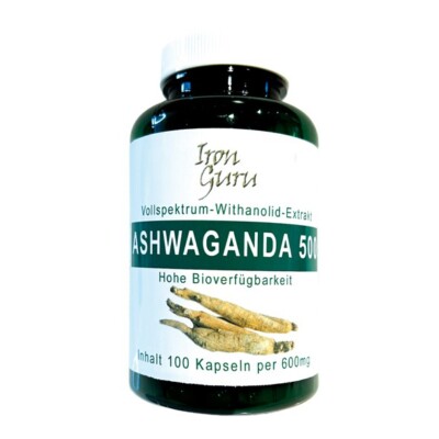 ASHWAGANDA 500 mit 100 Kapseln, Vollsprektum Withanolid Extrakt - IRON GURU, Neu