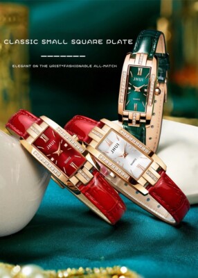 Luxury Women Square Rose Gold Wrist Watches Green Leather 