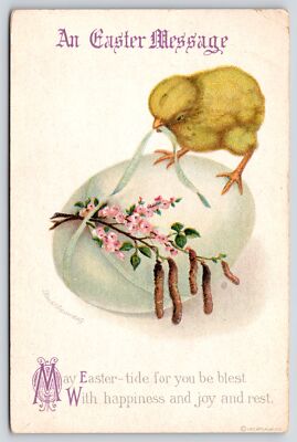 Clapsaddle Easter~Chick Wrapping Ribbon & Pink Flowers On Huge Egg~1915 IAPC