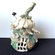 VTG Blue Sky Clayworks Heather Goldminc Flower Fairy House 10”Candle Votive CHIP