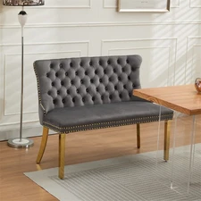 2-Seat Tufted Bench Velvet Upholstered Dining Seating with Wing Back &Gold Legs 