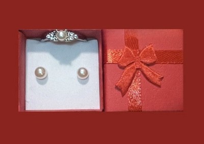 Exquisite White Pearl CZ Ring Size 9.5 and Earrings Set