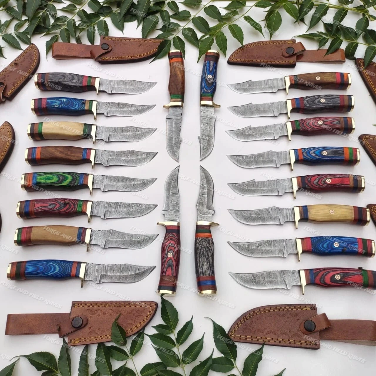Lot of 20 Custom Handmade Damascus Steel 10" Camping & Hunting Knives - From USA