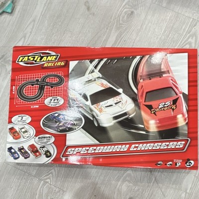 Fast Lane Racing Speedway Chasers Slot Car Set, 2 Vehicles, 4 Tops, 7ft Track