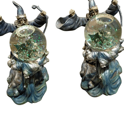 Vandor Vintage Wizard and Dragon Snow Globes Pewter'esqe Resin Figures
