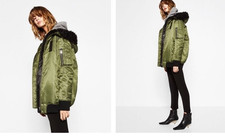 ZARA OVERSIZE KHAKI BOMBER JACKE FELL KAPUZE PARKA KHAKI JACKET FAUX FUR HOOD L