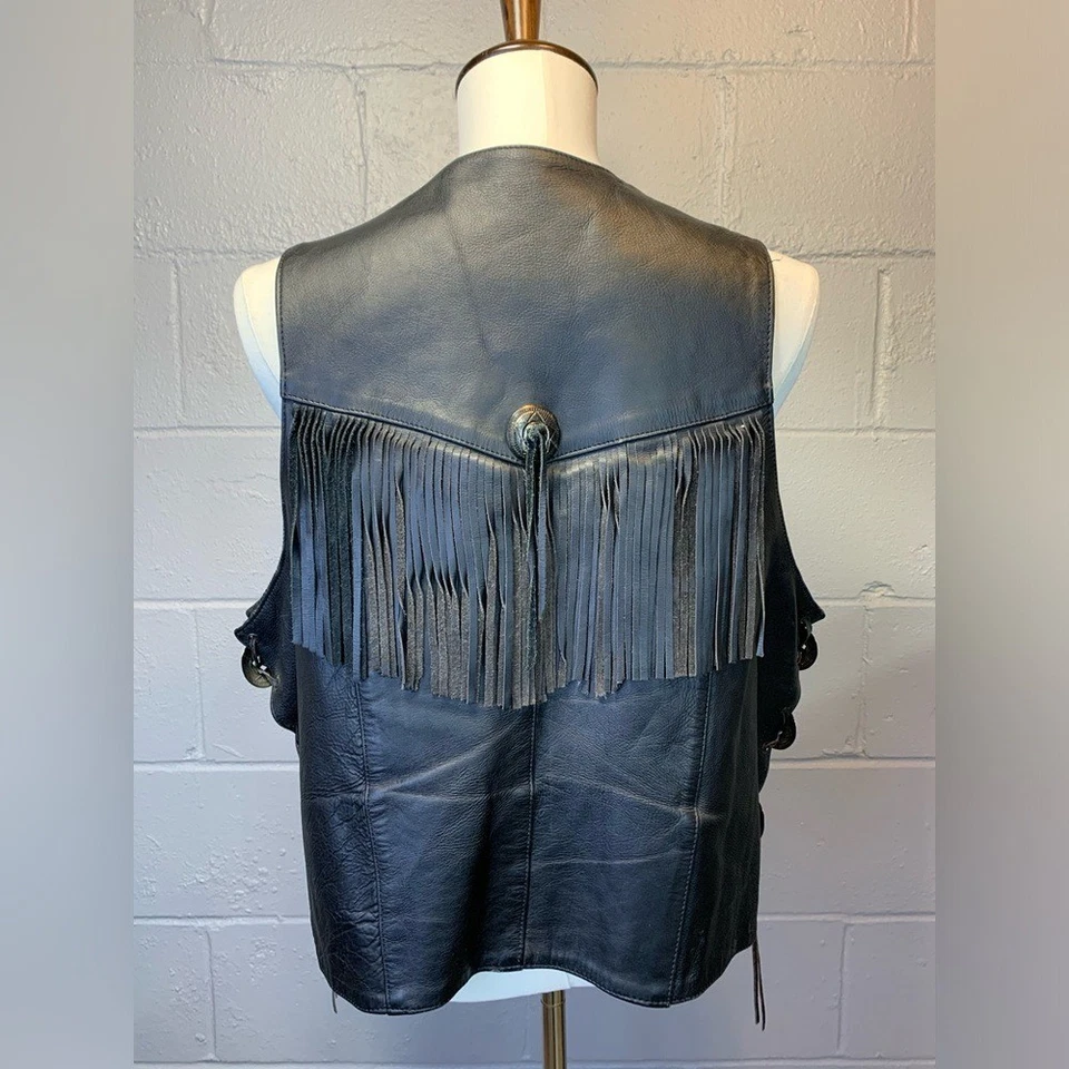 复古 UNIK 男式黑色皮革条纹摩托车骑手背心 XL 码 — 第 2/4 张图片