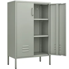 2 Door Metal Accent Cabinet, Metal Locker Storage Cabinet with Doors and Shelves