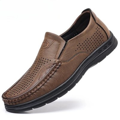 Handmade Leather Loafers Hollow Out Breathable Shoes Casual Male Driving Shoes 