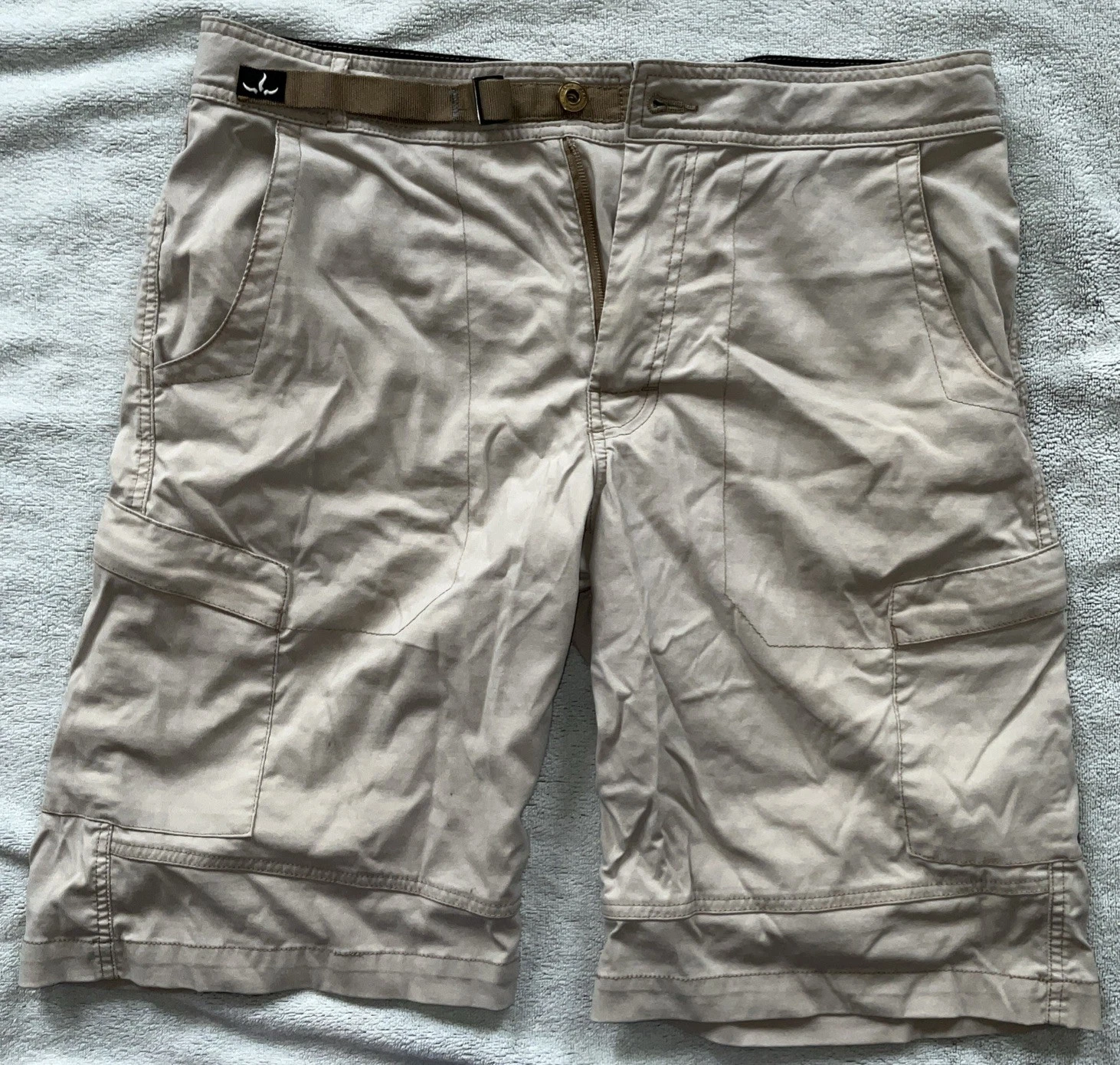 Prana Cargo Shorts Mens Medium Khaki Beige Belted Cargo Outdoor Hiking