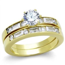 Women's Ring Set, Clear CZ, 14K Gold Plated, Stainless Steel, Wedding, Solitaire