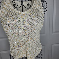 Crochet Sequin Tank Top Ivory Boho Beach Festival Y2K Sleeveless