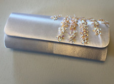 NEW Bridal Clutch Purse NIB 125 White w/Silver Chain Peach Flowers Barrel Snap
