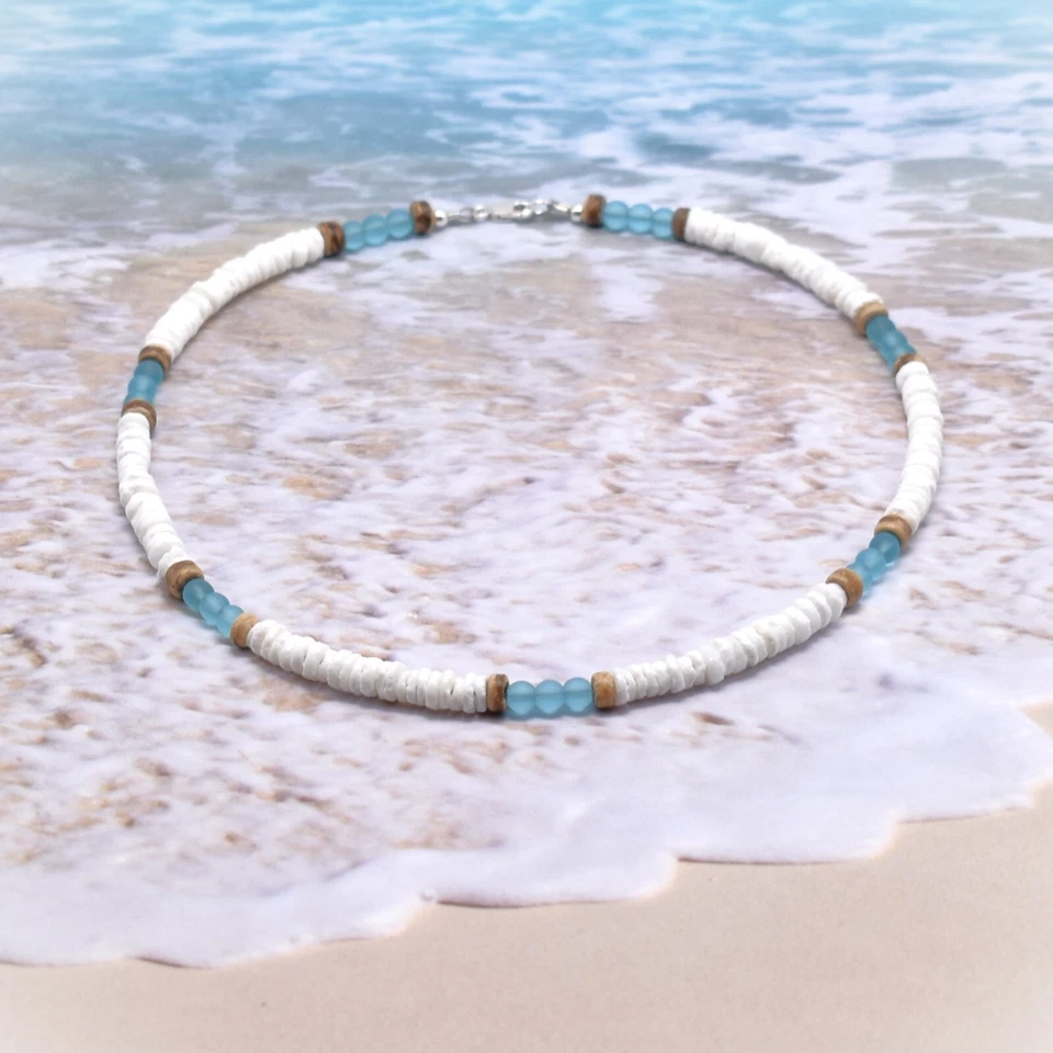 Gargantilla de surf Charm Natural White Shell Blue Crystal Beads Collar para hombres mujeres Foto 3 de 4