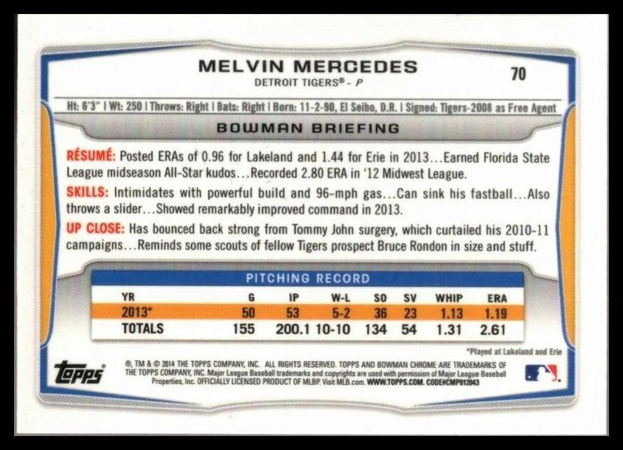 2014 BOWMAN CHROME MINI #70 MELVIN MERCEDES DETROIT TIGERS - Image 2 of 2