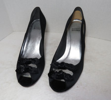 Stuart Weitzman Black Satin Heel Dress Shoes Peep Toe Open Work Bows Rhinestones