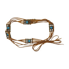 Women Brown Faux Suede Tie Belt Vintage Ethnic Gold Charm Turquoise Blue M L XL