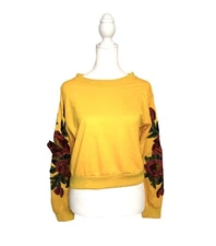 Rose Embroidery Sleeve Patchwork Appliqué Floral Pullover Yellow Sweatshirt