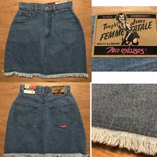 NEW vtg NO EXCUSES Femme Fatale Mini Denim Skirt Sz 7/8 NWT High Waist Fringe
