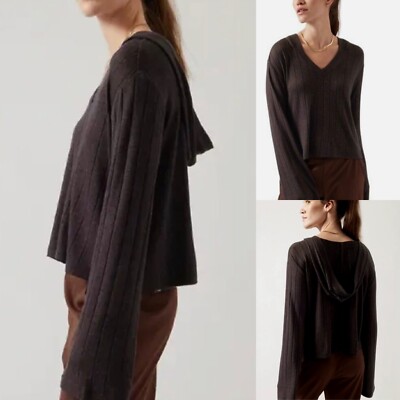 Athleta Mahogany Heather LS Harmony Hoodie Sweater Wm Sm Semi Crop Relaxed Fit
